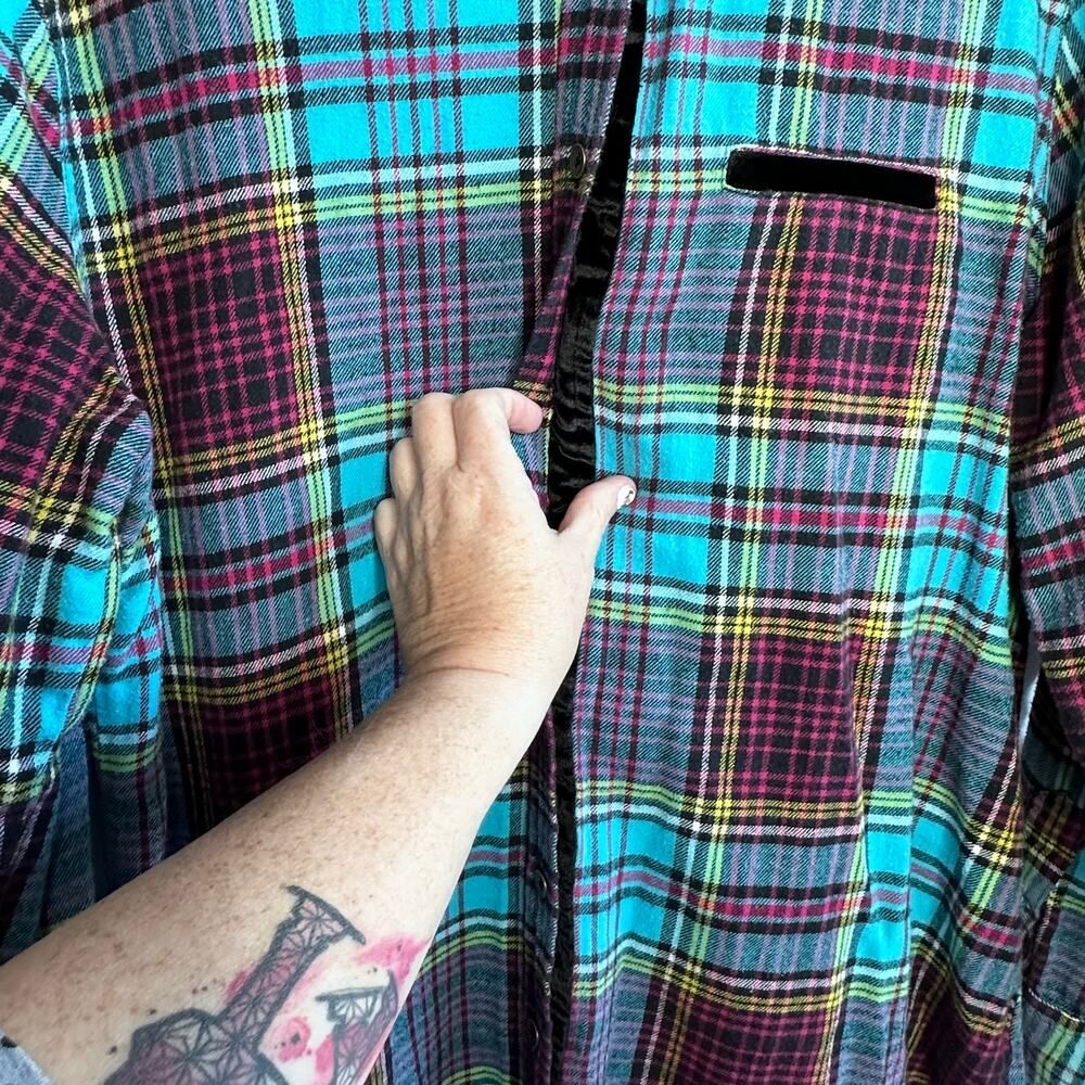 Soft Surroundings Highlands Plaid Black Velvet Trim Flannel Shirt Size Large - Picture 4 of 10